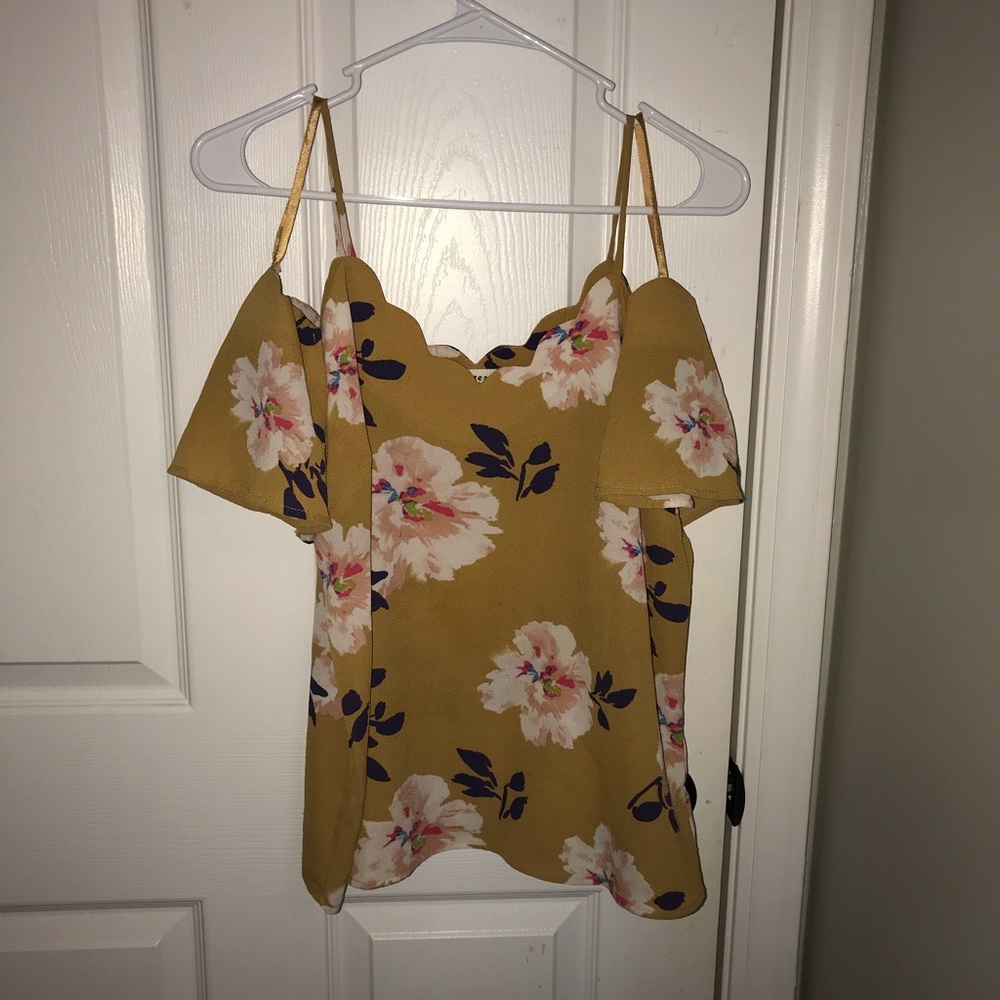 Mustard yellow scalloped off shoulder top